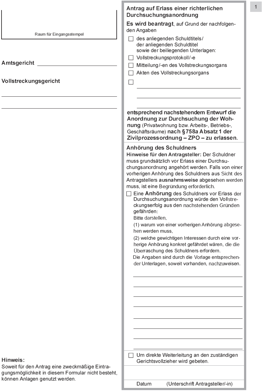 Vordruck Antrag auf Erlass einer richterlichen Durchsuchungsanordnung, Seite 1 (BGBl. 2014 I S. 756)