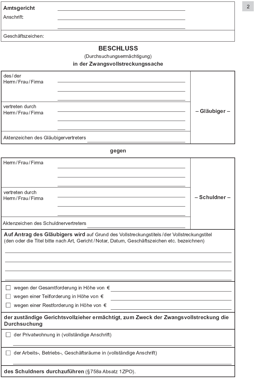 Vordruck Antrag auf Erlass einer richterlichen Durchsuchungsanordnung, Seite 2 (BGBl. 2014 I S. 757)