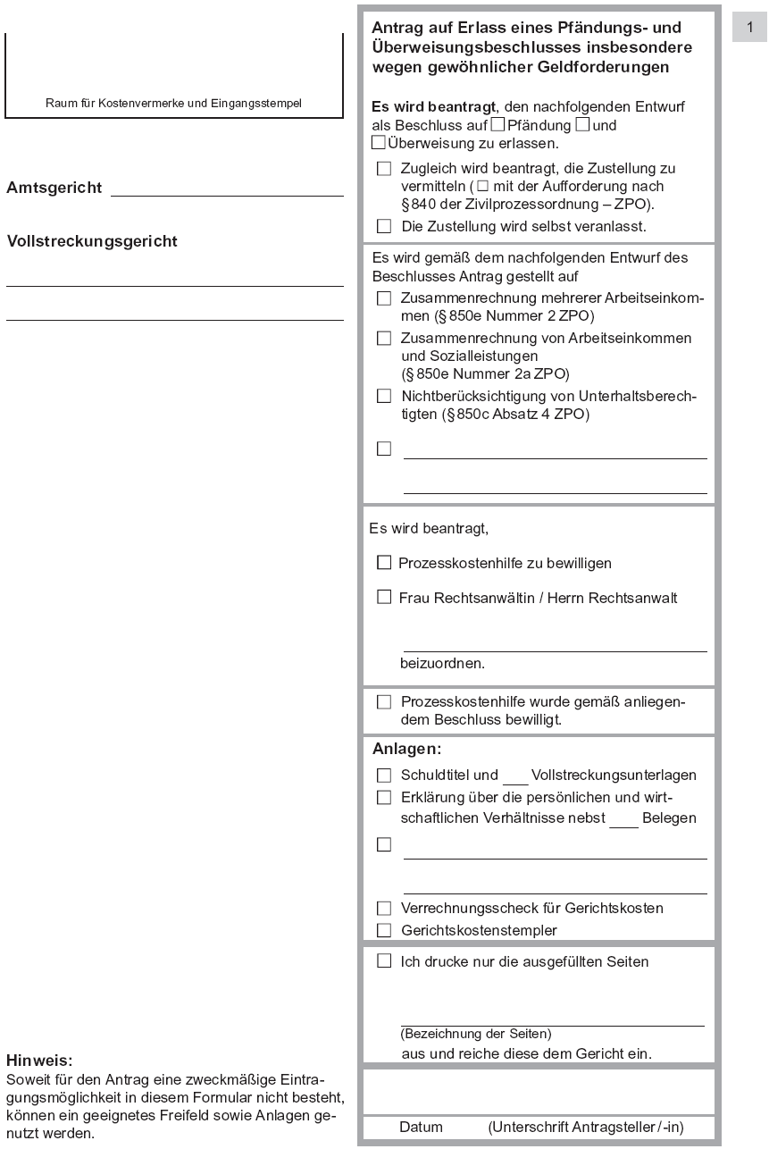 Vordruck Antrag auf Erlass eines Pfändungs- und Überweisungsbeschlusses insbesondere wegen gewöhnlicher Geldforderungen, Seite 1 (BGBl. 2014 I S. 760)