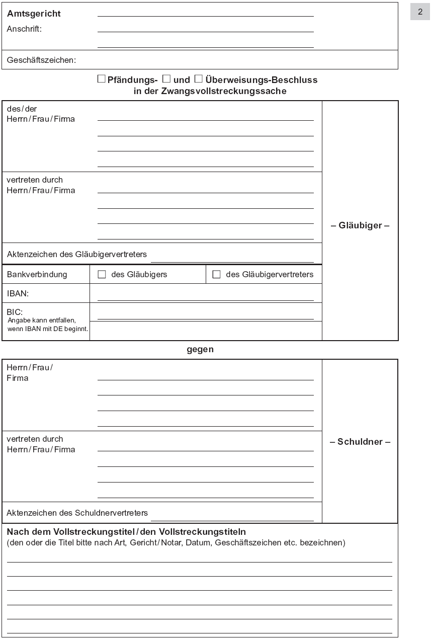 Vordruck Antrag auf Erlass eines Pfändungs- und Überweisungsbeschlusses insbesondere wegen gewöhnlicher Geldforderungen, Seite 2 (BGBl. 2014 I S. 761)