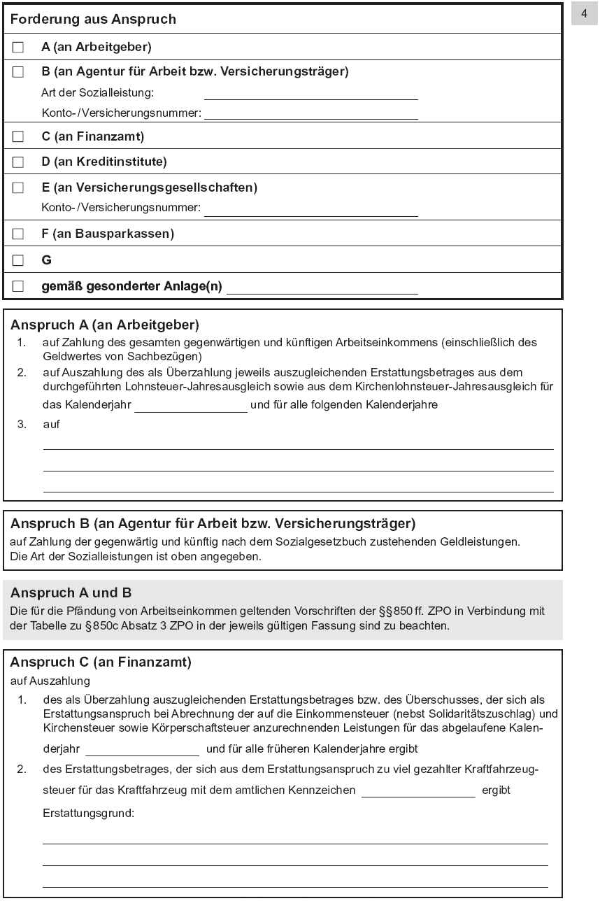 Vordruck Antrag auf Erlass eines Pfändungs- und Überweisungsbeschlusses insbesondere wegen gewöhnlicher Geldforderungen, Seite 4 (BGBl. 2014 I S. 763)