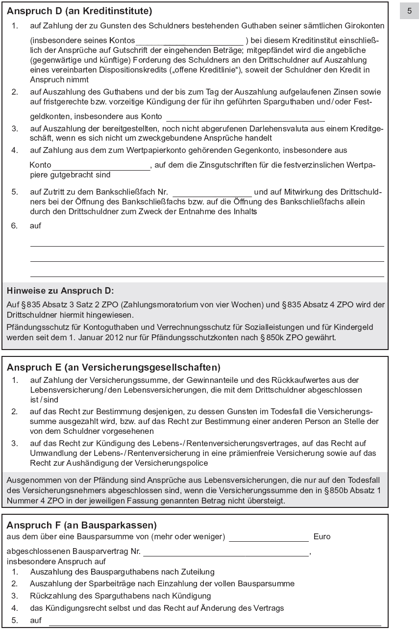 Vordruck Antrag auf Erlass eines Pfändungs- und Überweisungsbeschlusses insbesondere wegen gewöhnlicher Geldforderungen, Seite 5 (BGBl. 2014 I S. 764)