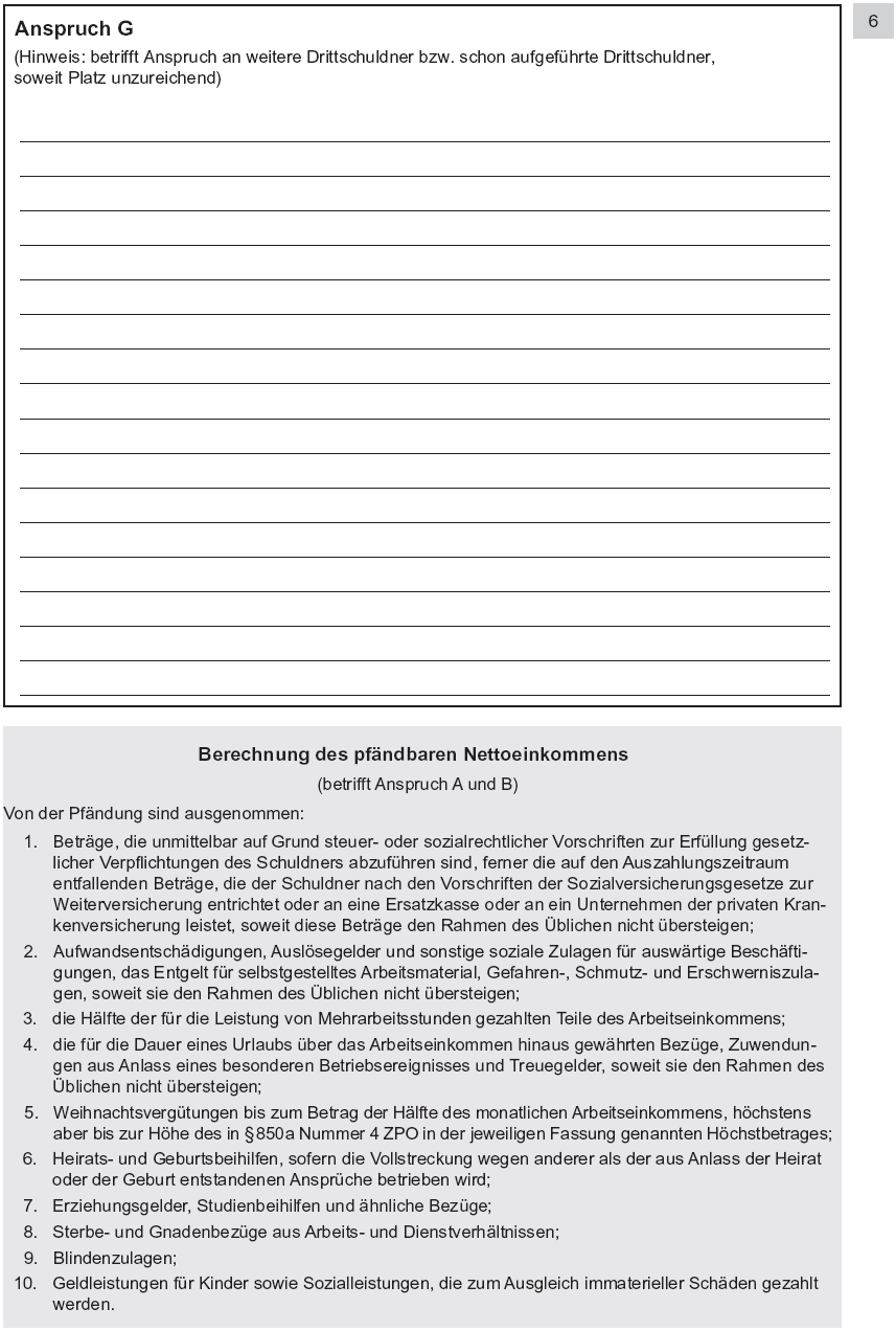 Vordruck Antrag auf Erlass eines Pfändungs- und Überweisungsbeschlusses insbesondere wegen gewöhnlicher Geldforderungen, Seite 6 (BGBl. 2014 I S. 765)