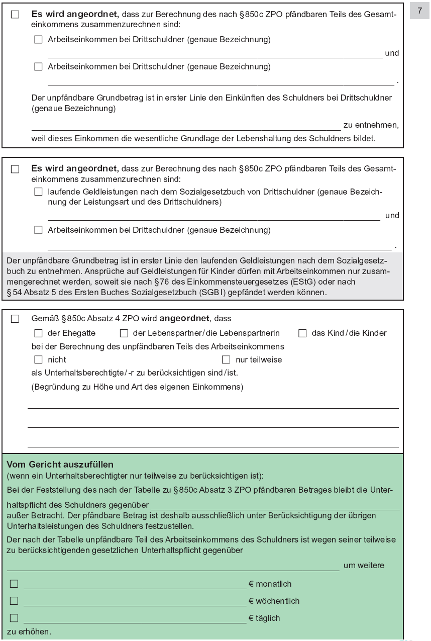 Vordruck Antrag auf Erlass eines Pfändungs- und Überweisungsbeschlusses insbesondere wegen gewöhnlicher Geldforderungen, Seite 7 (BGBl. 2014 I S. 766)