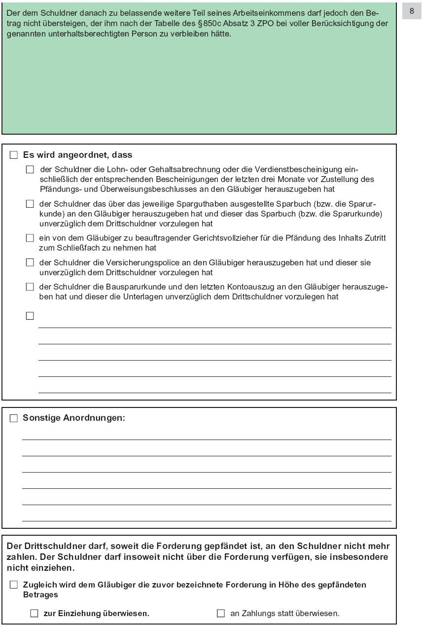 Vordruck Antrag auf Erlass eines Pfändungs- und Überweisungsbeschlusses insbesondere wegen gewöhnlicher Geldforderungen, Seite 8 (BGBl. 2014 I S. 767)