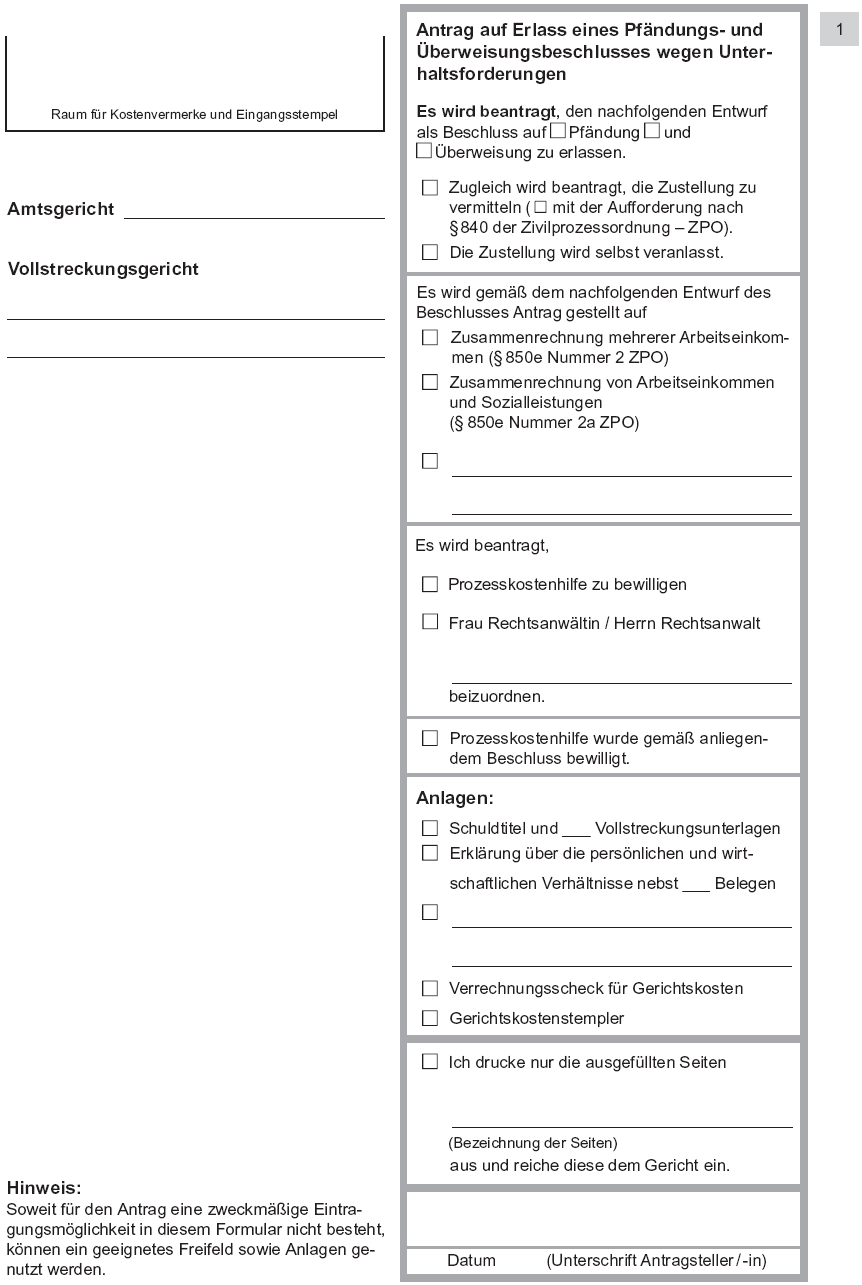 Vordruck Antrag auf Erlass eines Pfändungs- und Überweisungsbeschlusses wegen Unterhaltsforderungen, Seite 1 (BGBl. 2014 I S. 770)