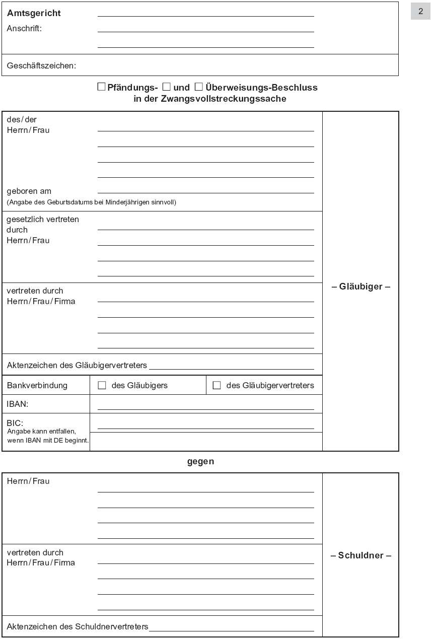 Vordruck Antrag auf Erlass eines Pfändungs- und Überweisungsbeschlusses wegen Unterhaltsforderungen, Seite 2 (BGBl. 2014 I S. 771)