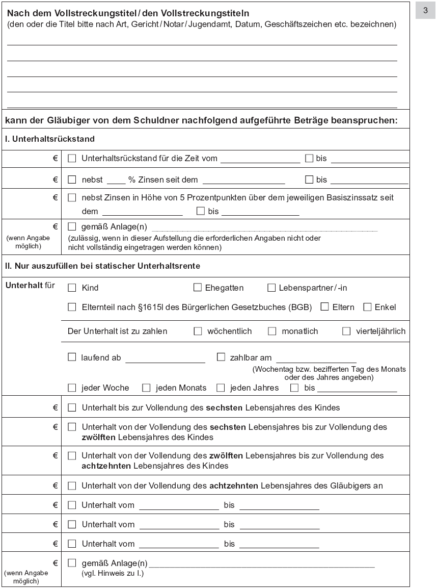 Vordruck Antrag auf Erlass eines Pfändungs- und Überweisungsbeschlusses wegen Unterhaltsforderungen, Seite 3 (BGBl. 2014 I S. 772)