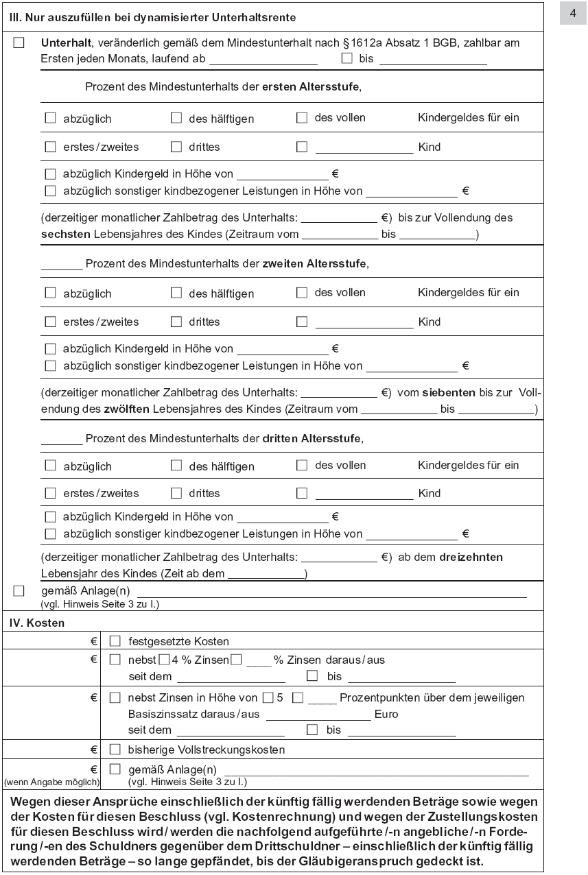 Vordruck Antrag auf Erlass eines Pfändungs- und Überweisungsbeschlusses wegen Unterhaltsforderungen, Seite 4 (BGBl. 2014 I S. 773)