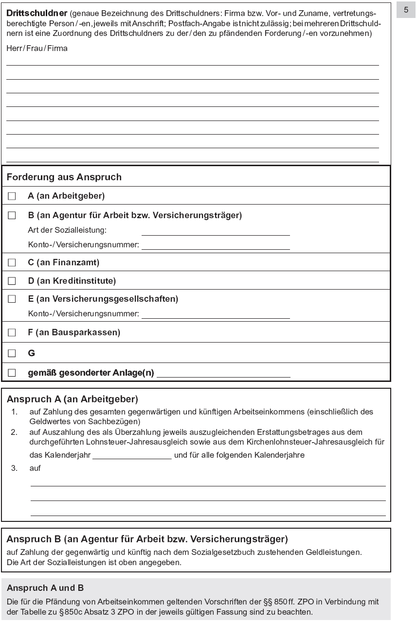 Vordruck Antrag auf Erlass eines Pfändungs- und Überweisungsbeschlusses wegen Unterhaltsforderungen, Seite 5 (BGBl. 2014 I S. 774)