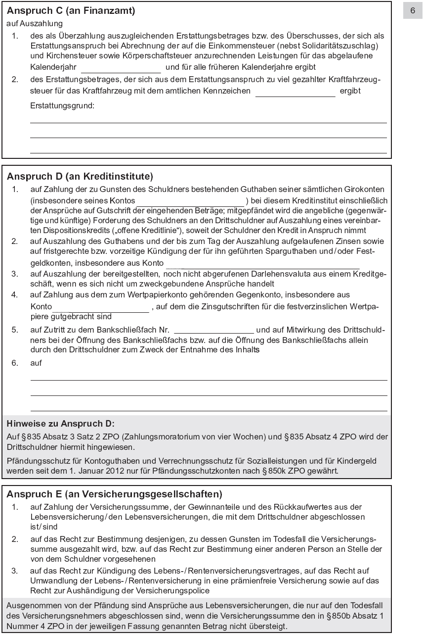 Vordruck Antrag auf Erlass eines Pfändungs- und Überweisungsbeschlusses wegen Unterhaltsforderungen, Seite 6 (BGBl. 2014 I S. 775)