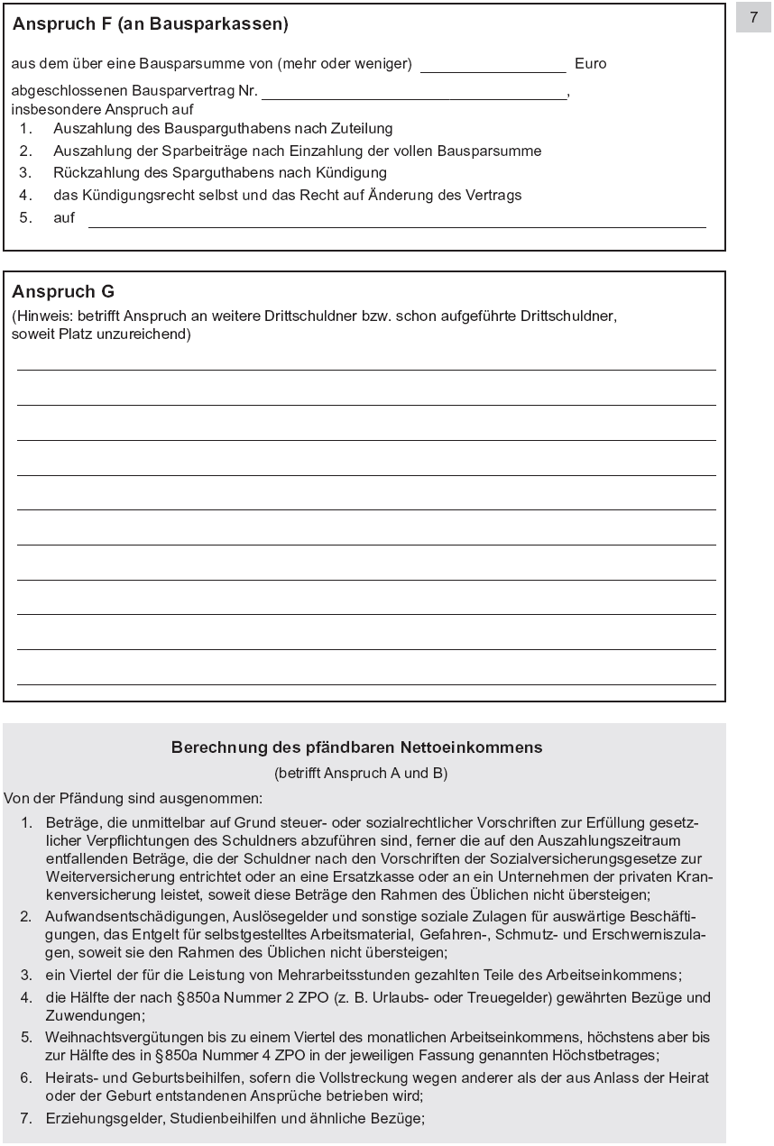 Vordruck Antrag auf Erlass eines Pfändungs- und Überweisungsbeschlusses wegen Unterhaltsforderungen, Seite 7 (BGBl. 2014 I S. 776)