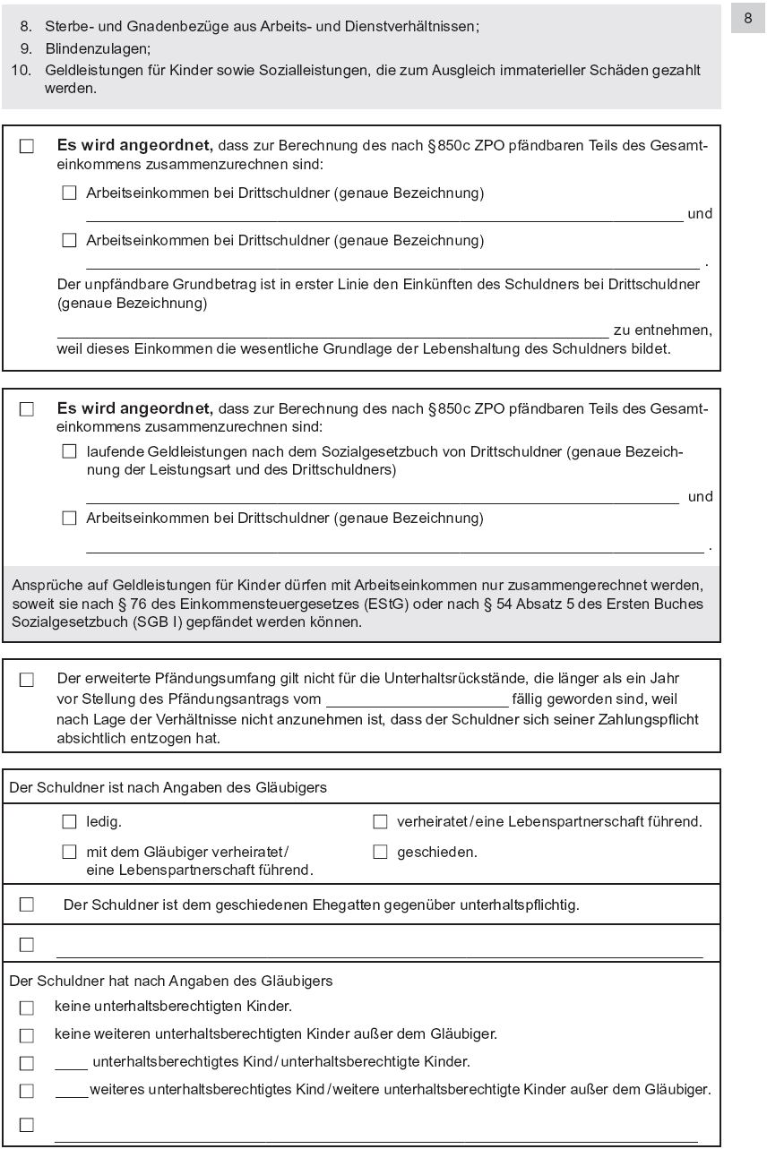 Vordruck Antrag auf Erlass eines Pfändungs- und Überweisungsbeschlusses wegen Unterhaltsforderungen, Seite 8 (BGBl. 2014 I S. 777)
