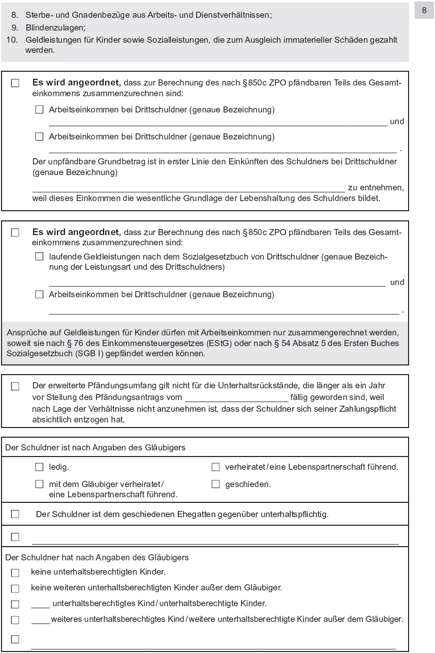 Vordruck Antrag auf Erlass eines Pfändungs- und Überweisungsbeschlusses wegen Unterhaltsforderungen, Seite 8 (BGBl. 2014 I S. 777)