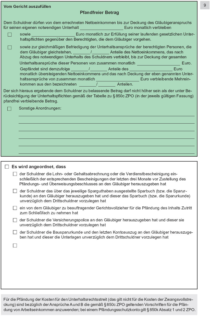 Vordruck Antrag auf Erlass eines Pfändungs- und Überweisungsbeschlusses wegen Unterhaltsforderungen, Seite 9 (BGBl. 2014 I S. 778)