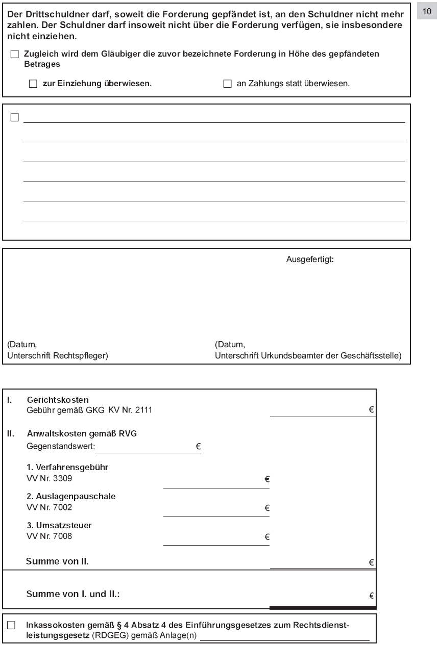 Vordruck Antrag auf Erlass eines Pfändungs- und Überweisungsbeschlusses wegen Unterhaltsforderungen, Seite 10 (BGBl. 2014 I S. 779)