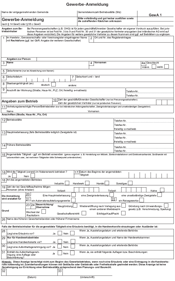 Vordruck Gewerbe-Anmeldung (BGBl. 2014 I 1210)