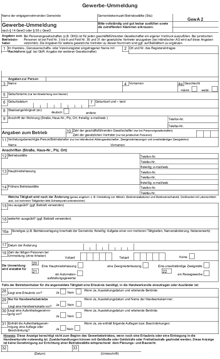 Vordruck Gewerbe-Ummeldung (BGBl. 2014 I 1211)