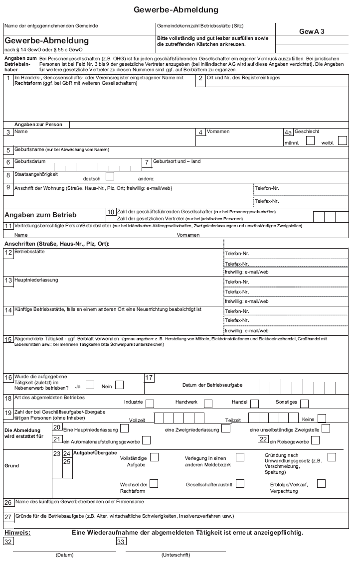 Vordruck Gewerbe-Abmeldung (BGBl. 2014 I 1212)