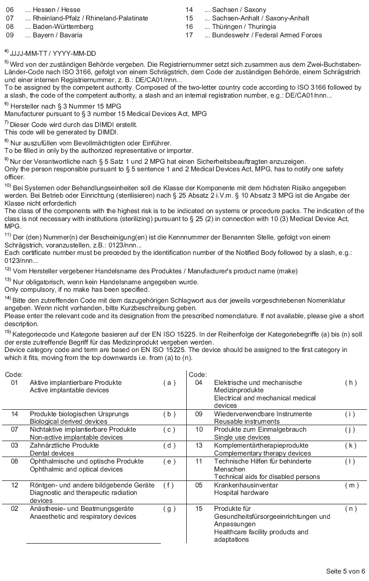 Formblatt für Medizinprodukte, außer In-vitro-Diagnostika (BGBl. 2014 I S. 1237)