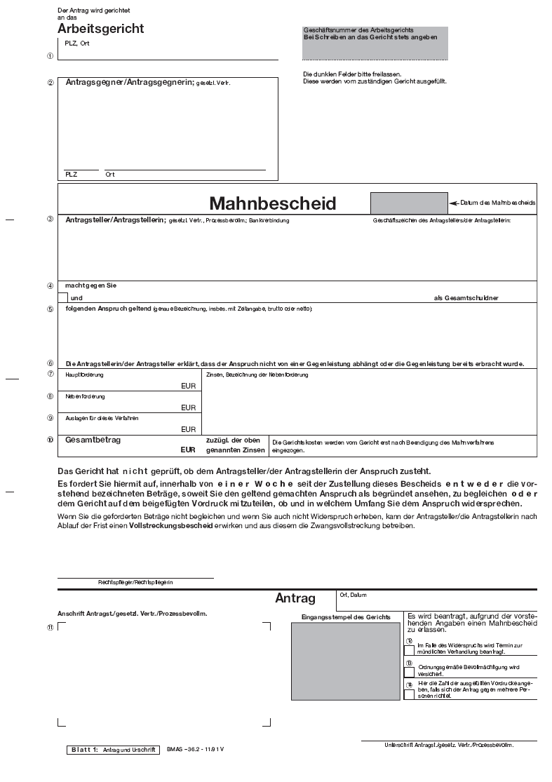 Vordruck Mahnbescheid Arbeitsgericht, Blatt 1 (BGBl. 2014 I S. 1569)