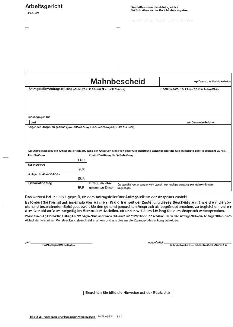 Vordruck Mahnbescheid Arbeitsgericht, Blatt 2 (BGBl. 2014 I S. 1570)