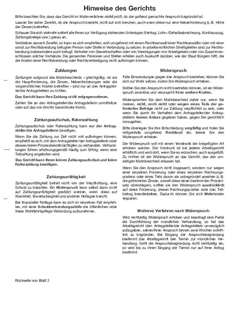 Vordruck Mahnbescheid Arbeitsgericht, Rückseite Blatt 2, Hinweise des Gerichts (BGBl. 2014 I S. 1571)
