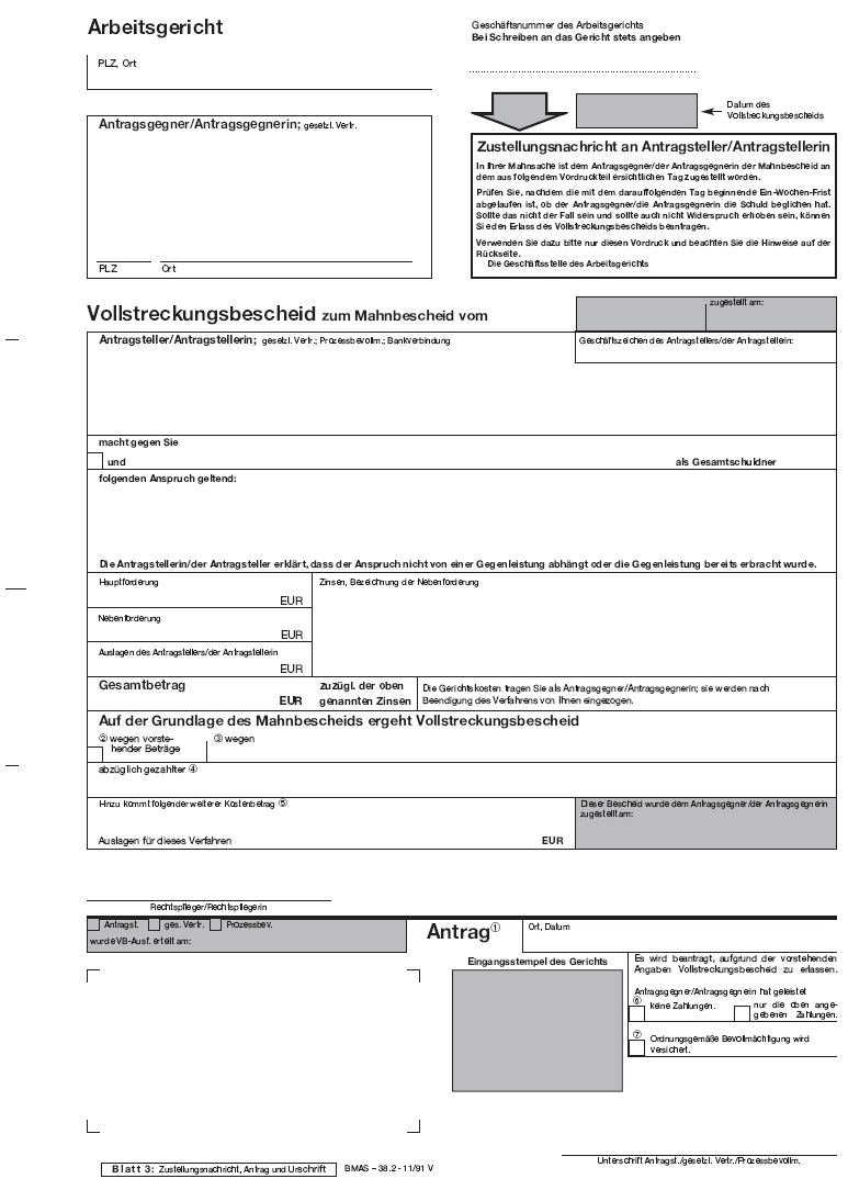 Vordruck Vollstreckungsbescheid zum Mahnbescheid Arbeitsgericht, Blatt 3 (BGBl. 2014 I S. 1572)