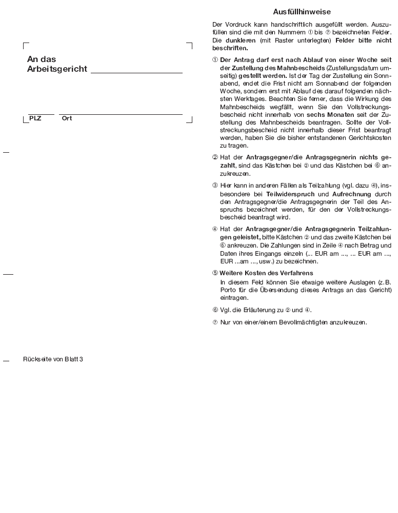 Vordruck Vollstreckungsbescheid zum Mahnbescheid Arbeitsgericht, Rückseite Blatt 3, Ausfüllhinweise (BGBl. 2014 I S. 1573)