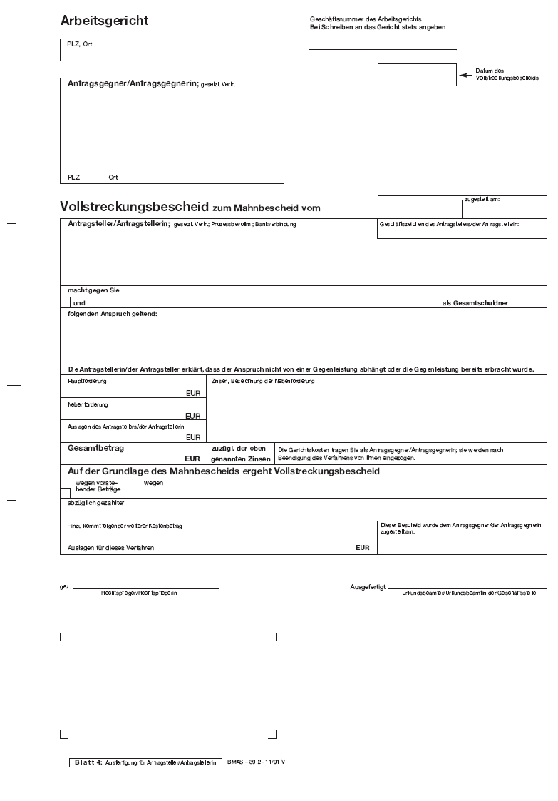 Vordruck Vollstreckungsbescheid zum Mahnbescheid Arbeitsgericht, Blatt 4 (BGBl. 2014 I S. 1574)