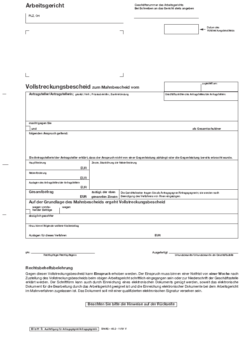 Vordruck Vollstreckungsbescheid zum Mahnbescheid Arbeitsgericht, Blatt 5 (BGBl. 2014 I S. 1576)