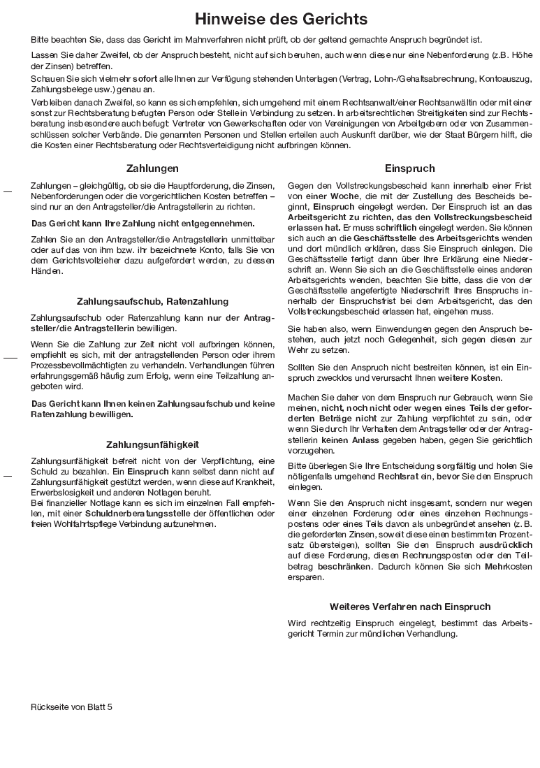 Vordruck Vollstreckungsbescheid zum Mahnbescheid Arbeitsgericht, Rückseite Blatt 5, Hinweise des Gerichts (BGBl. 2014 I S. 1577)