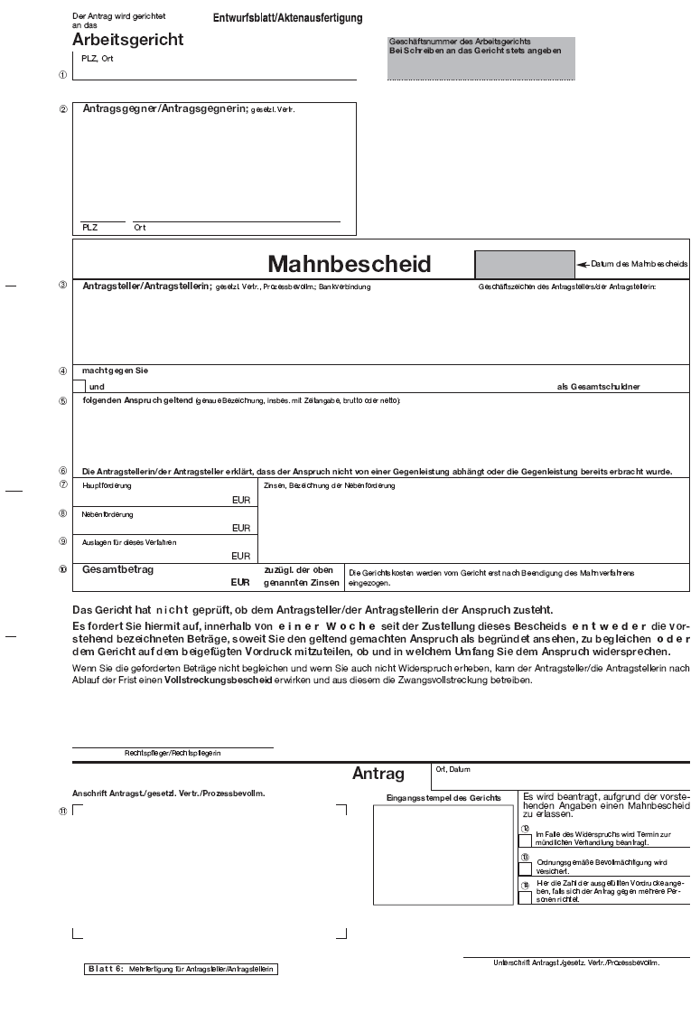 Vordruck Mahnbescheid Arbeitsgericht, Blatt 6 (BGBl. 2014 I S. 1578)