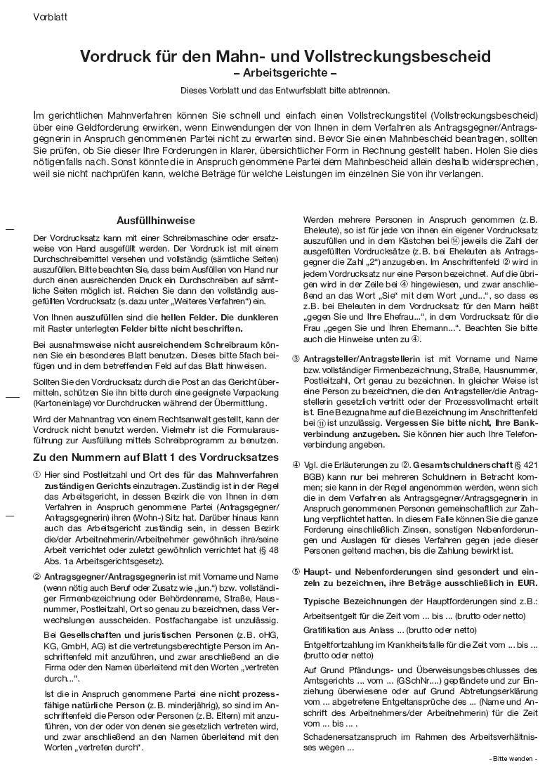 Vorblatt Vordruck für den Mahn- und Vollstreckungsbescheid - Arbeitsgerichte - Seite 1 (BGBl. 2014 I S. 1579)