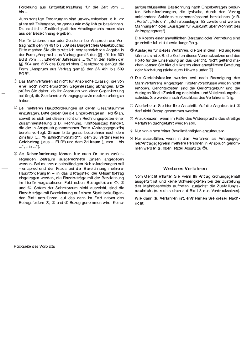Vorblatt Vordruck für den Mahn- und Vollstreckungsbescheid - Arbeitsgerichte - Seite 2 (BGBl. 2014 I S. 1580)