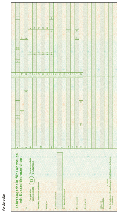 Abbildung Vorderseite Fahrzeugschein für Fahrzeuge mit Kurzzeitkennzeichen (BGBl. 2014 I S. 1671)