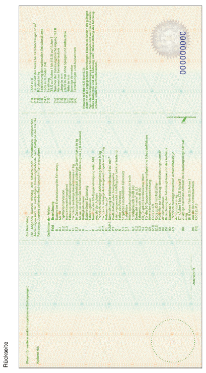 Abbildung Rückseite Fahrzeugschein für Fahrzeuge mit Kurzzeitkennzeichen (BGBl. 2014 I S. 1672)