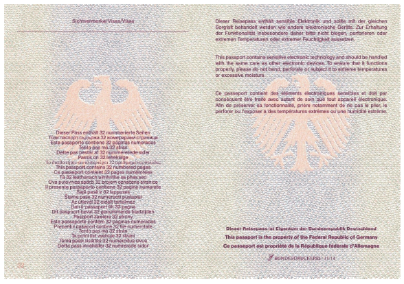Reisepass (32 Seiten) Passbuchinnenseite 32 und Vorsat (BGBl. 2015 I S. 223)