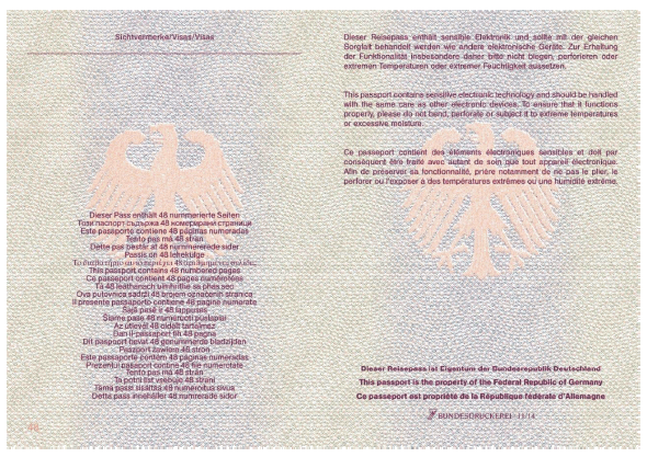 Reisepass (48 Seiten) Passbuchinnenseite 48 und Vorsatz (BGBl. 2015 I S. 227)