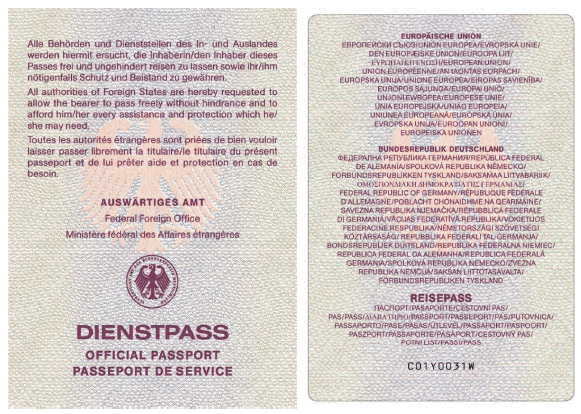 Dienstpass Vorsatz und Passkartenrückseite (BGBl. 2015 I S. 230)