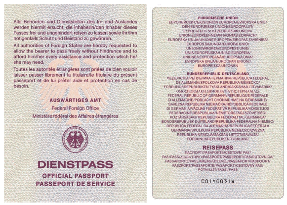 Dienstpass Vorsatz und Passkartenrückseite (BGBl. 2015 I S. 230)