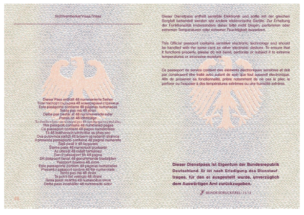 Dienstpass Passbuchinnenseite 48 und Vorsatz (BGBl. 2015 I S. 233)