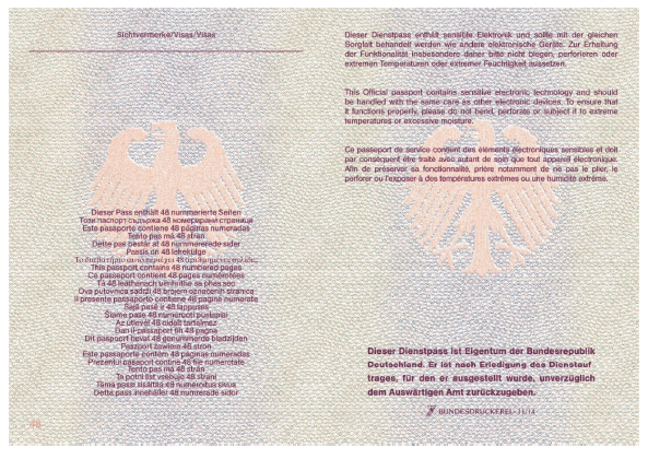 Dienstpass Passbuchinnenseite 48 und Vorsatz (BGBl. 2015 I S. 233)