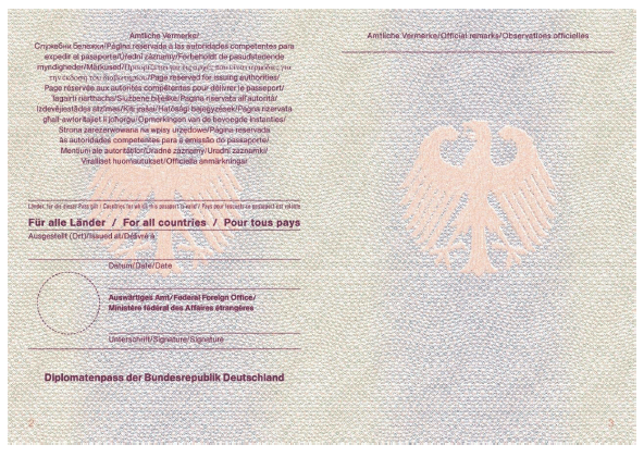 Diplomatenpass Passbuchinnenseiten 2 und 3 (BGBl. 2015 I S. 235)