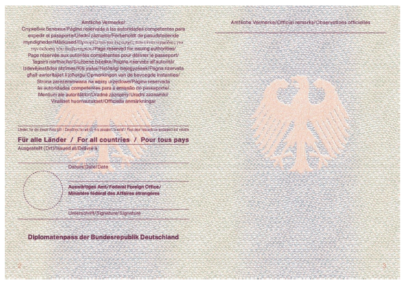 Diplomatenpass Passbuchinnenseiten 2 und 3 (BGBl. 2015 I S. 235)