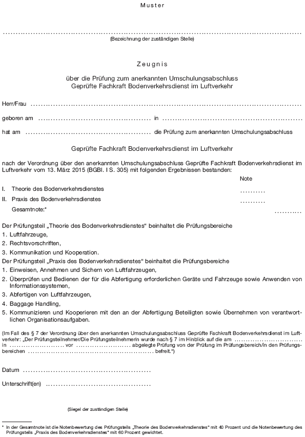 Muster Zeugnis über die Prüfung zum anerkannten Umschulungsabschluss Geprüfte Fachkraft Bodenverkehrsdienst im Luftverkehr (BGBl. 2015 I S. 313)