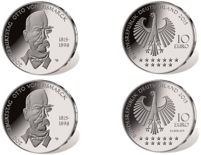 Abb. von Bild- und Wertseite Gedenkmünze "200. Geburtstag Otto von Bismarck" (BGBl. 2015 I S. 1037)