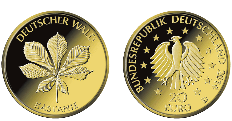 Abbildung von Bild- und Wertseite Goldmünze "Kastanie" der Serie "Deutscher Wald" (BGBl. 2015 I S. 1108)