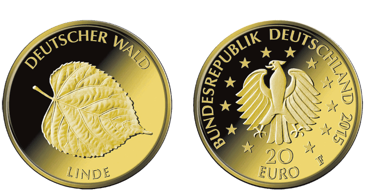 Abbildung von Bild- und Wertseite Goldmünze "Linde" der Serie "Deutscher Wald" (BGBl. 2015 I S. 1109)