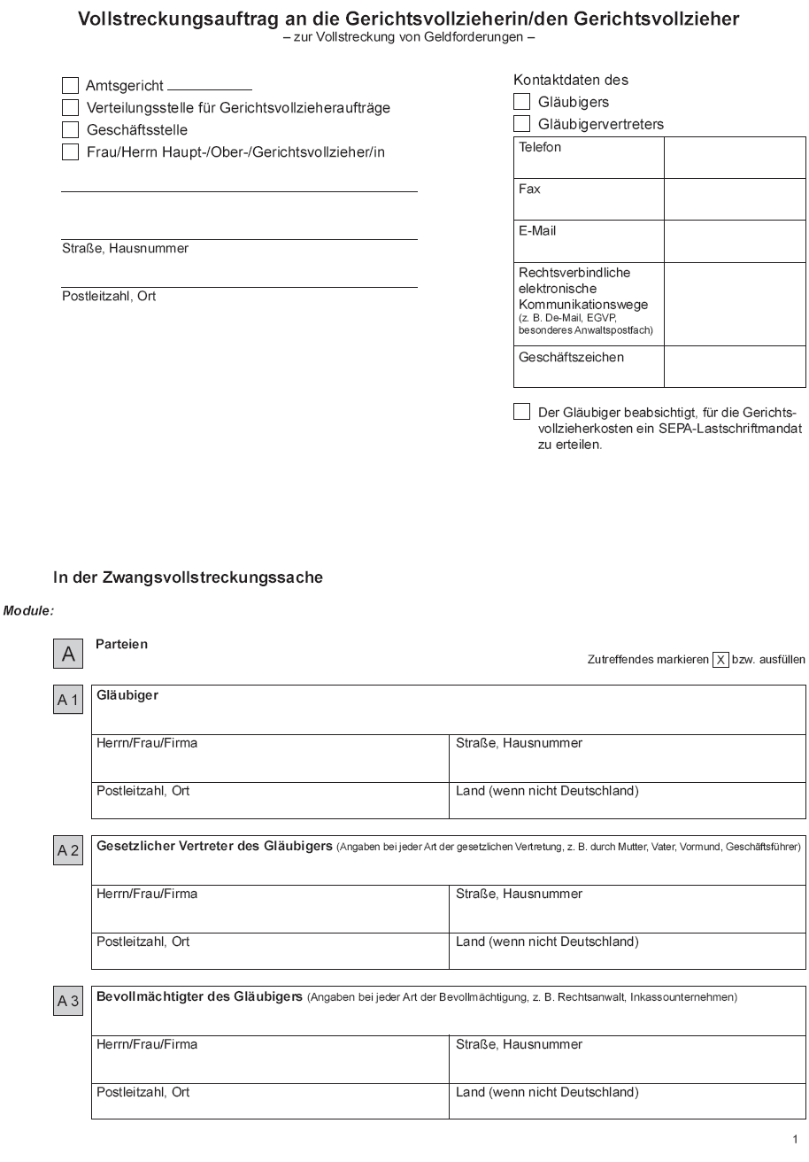 Vollstreckungsauftrag an die Gerichtsvollzieherin/den Gerichtsvollzieher - zur Vollstreckung von Geldforderungen - Seite 1 (BGBl. 2015 I S. 1588)